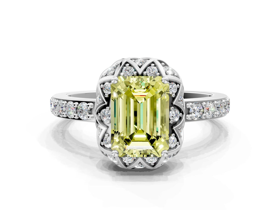 White gold Fancy Yellow Emerald  Diamond Solitaire Ring with Shared Prong Pavé Band_66