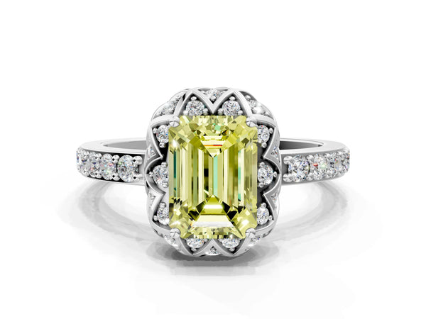Platinum Fancy Yellow Emerald  Diamond Solitaire Ring with Shared Prong Pavé Band