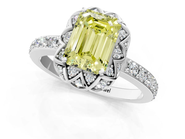 Platinum Fancy Yellow Emerald  Diamond Solitaire Ring with Shared Prong Pavé Band
