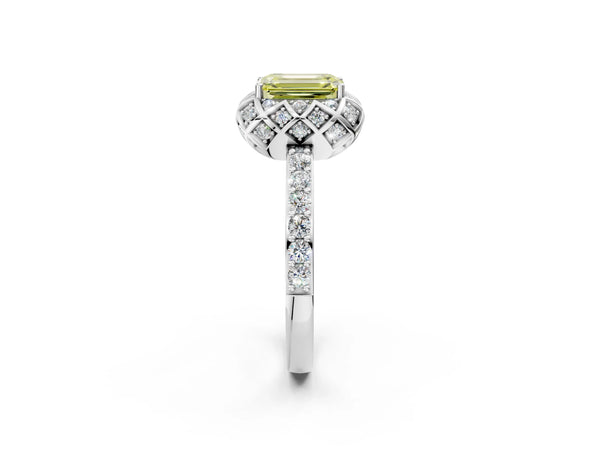 Platinum Fancy Yellow Emerald  Diamond Solitaire Ring with Shared Prong Pavé Band