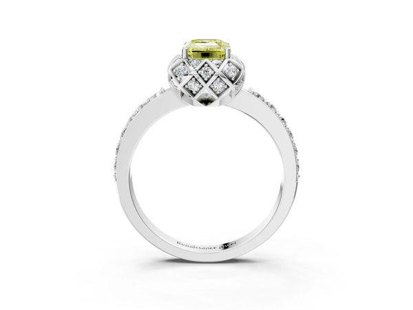 Platinum Fancy Yellow Emerald  Diamond Solitaire Ring with Shared Prong Pavé Band