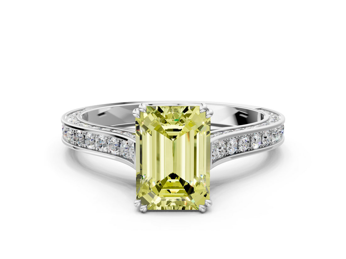White gold Fancy Yellow Emerald  Diamond Solitaire with Pave Band and Six-Prong Setting_20