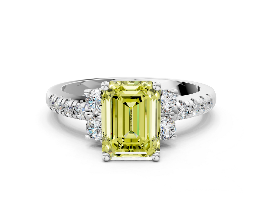 White gold Fancy Yellow Emerald  Diamond Three-Stone Pave Band with Four-Prong Setting_20