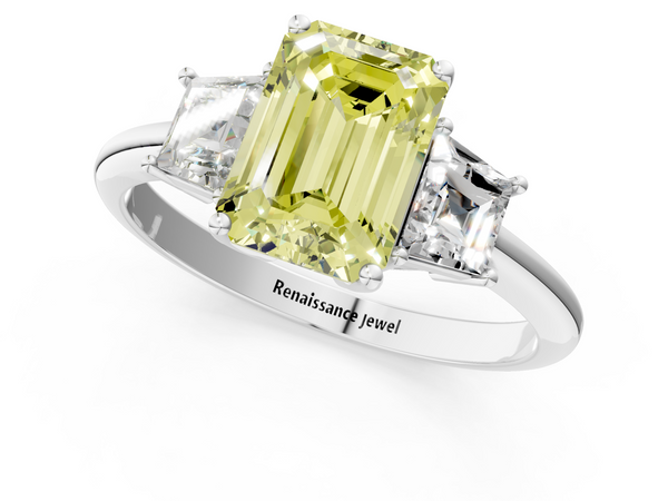 18K White Gold 5.03 Carat Yellow VVS2 Emerald Diamond Three-Stone Ring with Trapezoid Side Stones and Prong Setting