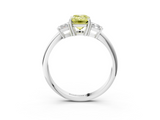 18K White Gold 5.03 Carat Yellow VVS2 Emerald Diamond Three-Stone Ring with Trapezoid Side Stones and Prong Setting