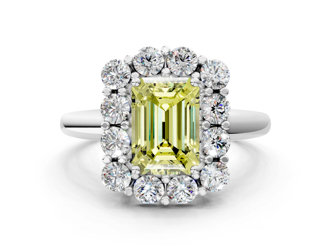 White gold Fancy Yellow Emerald  Halo Cluster Diamond Engagement Ring with Prong Setting and Polished Band_45