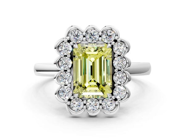 Platinum Fancy Yellow Emerald  Halo Cluster Diamond Engagement Ring with Solitaire Band and Prong Setting