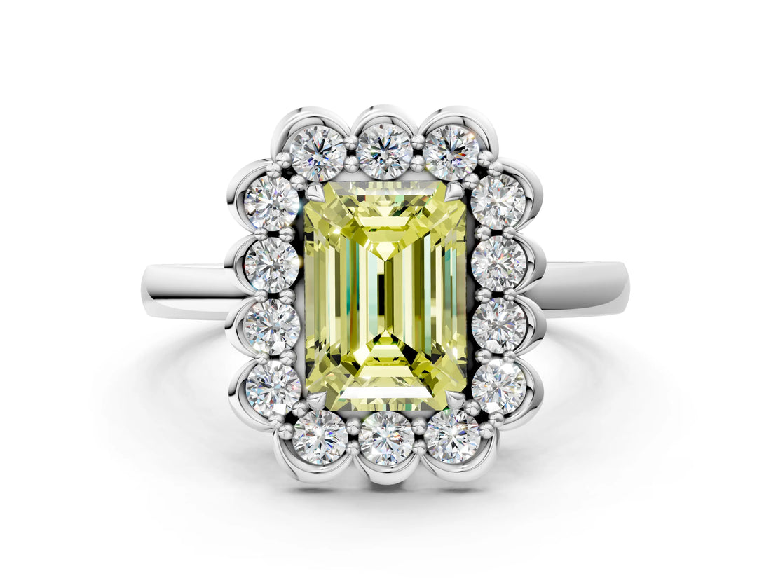 White gold Fancy Yellow Emerald  Halo Cluster Diamond Engagement Ring with Solitaire Band and Prong Setting_49
