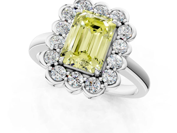 Platinum Fancy Yellow Emerald  Halo Cluster Diamond Engagement Ring with Solitaire Band and Prong Setting