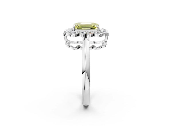 Platinum Fancy Yellow Emerald  Halo Cluster Diamond Engagement Ring with Solitaire Band and Prong Setting