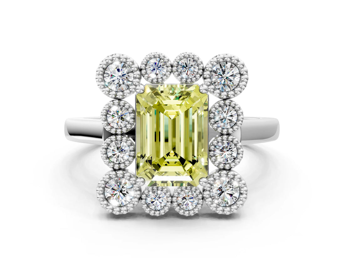White gold Fancy Yellow Emerald  Halo Diamond Cluster Engagement Ring with Milgrain Bezel Setting and Solitaire Band_27