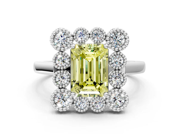 Platinum Fancy Yellow Emerald  Halo Diamond Cluster Engagement Ring with Milgrain Bezel Setting and Solitaire Band