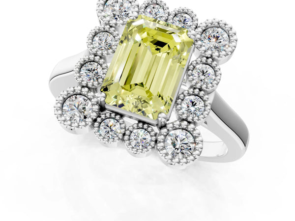 Platinum Fancy Yellow Emerald  Halo Diamond Cluster Engagement Ring with Milgrain Bezel Setting and Solitaire Band
