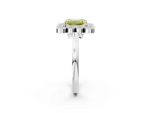 Platinum Fancy Yellow Emerald  Halo Diamond Cluster Engagement Ring with Milgrain Bezel Setting and Solitaire Band