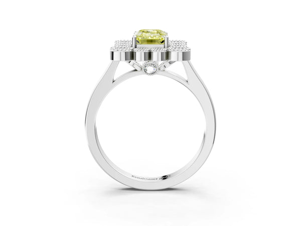 Platinum Fancy Yellow Emerald  Halo Diamond Cluster Engagement Ring with Milgrain Bezel Setting and Solitaire Band