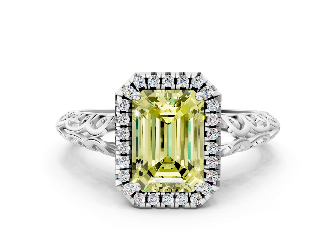 White gold Fancy Yellow Emerald  Halo Diamond Engagement Ring with Intricate Filigree Band and Four-Prong Setting_37