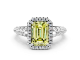 White gold Fancy Yellow Emerald  Halo Diamond Engagement Ring with Intricate Filigree Band and Four-Prong Setting_37
