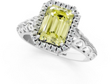 White gold Fancy Yellow Emerald  Halo Diamond Engagement Ring with Intricate Filigree Band and Four-Prong Setting_38