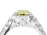 White gold Fancy Yellow Emerald  Halo Diamond Engagement Ring with Intricate Filigree Band and Four-Prong Setting_40