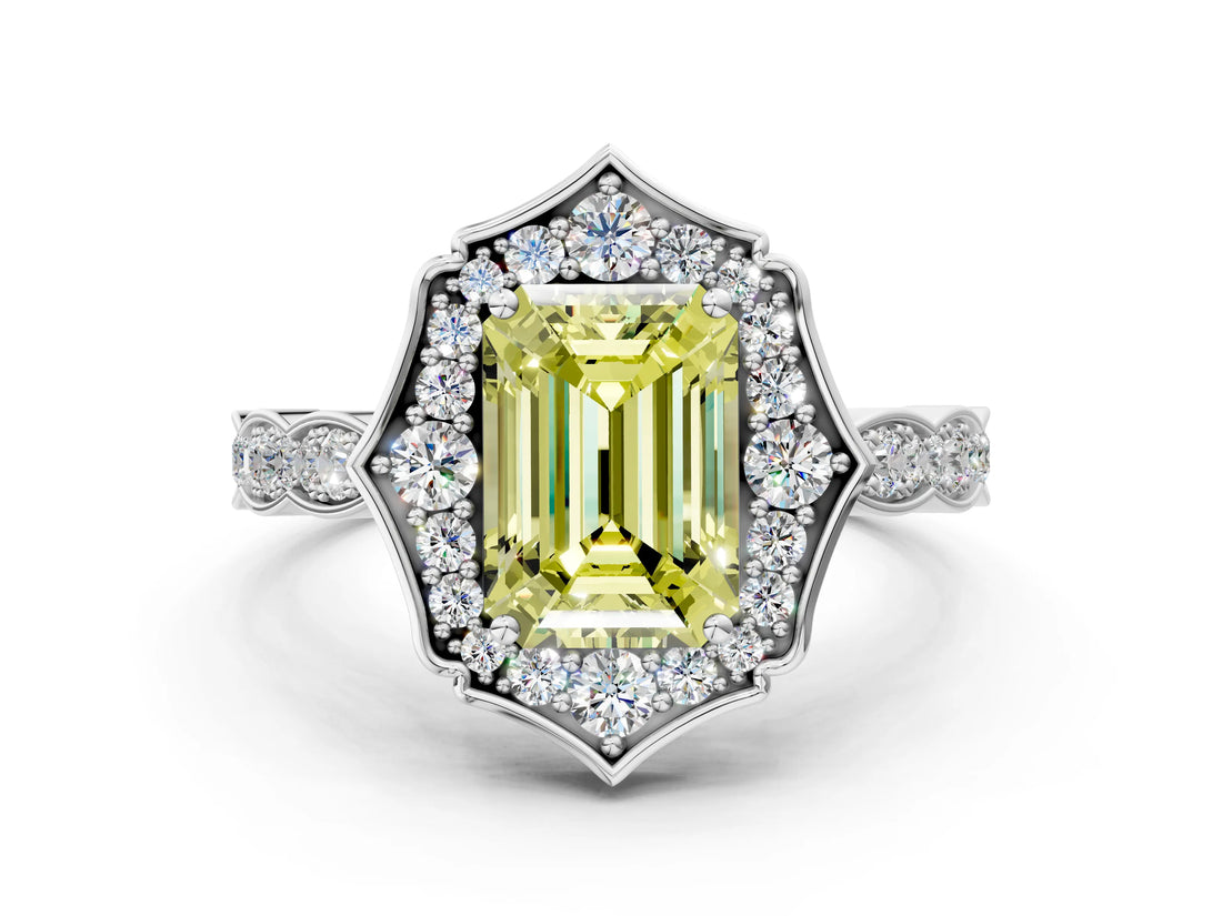 White gold Fancy Yellow Emerald  Halo Diamond Engagement Ring with Milgrain Band and Four-Prong Setting_49