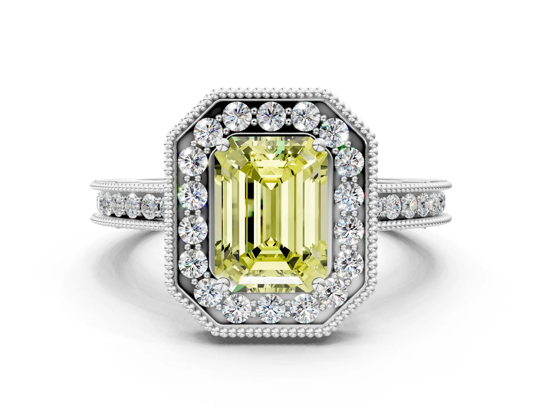 White gold Fancy Yellow Emerald  Halo Diamond Engagement Ring with Milgrain Pave Band and Four-Prong Setting_68