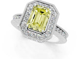 White gold Fancy Yellow Emerald  Halo Diamond Engagement Ring with Milgrain Pave Band and Four-Prong Setting_69