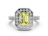 White gold Fancy Yellow Emerald  Halo Diamond Engagement Ring with Milgrain Pave Band and Four-Prong Setting_71