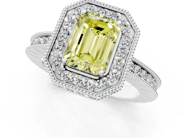 White gold Fancy Yellow Emerald  Halo Diamond Engagement Ring with Milgrain Pave Band and Four-Prong Setting