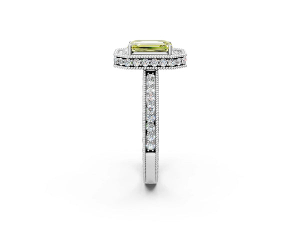 White gold Fancy Yellow Emerald  Halo Diamond Engagement Ring with Milgrain Pave Band and Four-Prong Setting
