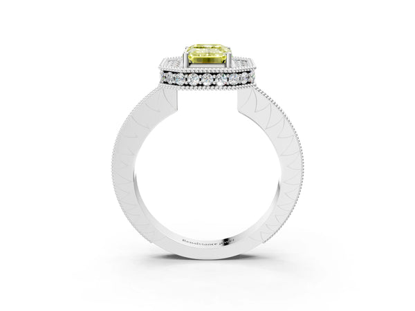 White gold Fancy Yellow Emerald  Halo Diamond Engagement Ring with Milgrain Pave Band and Four-Prong Setting