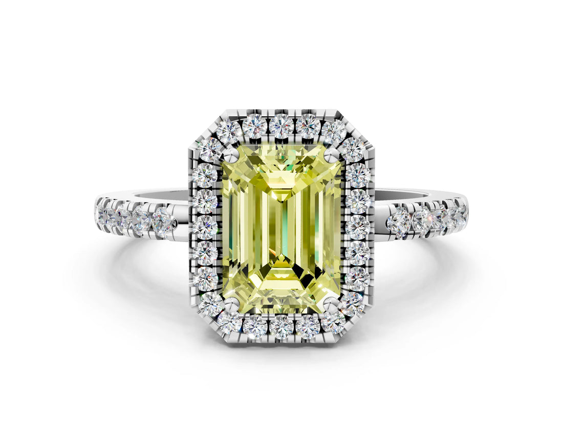 White gold Fancy Yellow Emerald  Halo Diamond Engagement Ring with Pavé Band and Four-Prong Setting_27