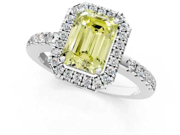 Platinum Fancy Yellow Emerald  Halo Diamond Engagement Ring with Pavé Band and Four-Prong Setting