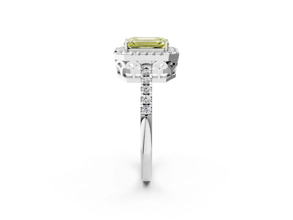 Platinum Fancy Yellow Emerald  Halo Diamond Engagement Ring with Pavé Band and Four-Prong Setting