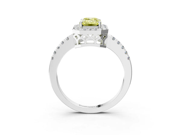 Platinum Fancy Yellow Emerald  Halo Diamond Engagement Ring with Pavé Band and Four-Prong Setting