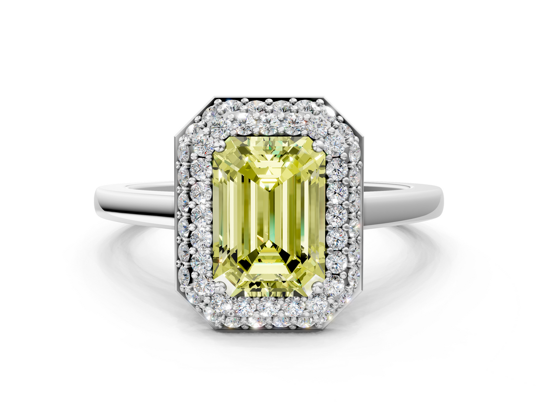 White gold Fancy Yellow Emerald  Halo Diamond Engagement Ring with Solitaire Band and Four-Prong Setting_20