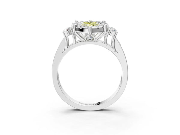 Platinum Fancy Yellow Emerald  Halo Diamond Engagement Ring with Split Shank and Four-Prong Setting