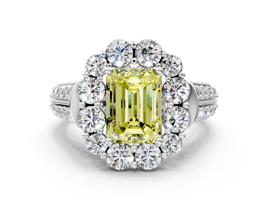 White gold Fancy Yellow Emerald  Halo Diamond Engagement Ring with Split Shank and Prong Setting_88