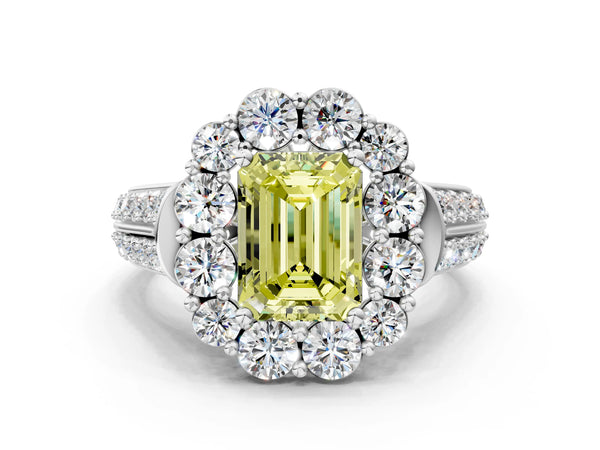 White gold Fancy Yellow Emerald  Halo Diamond Engagement Ring with Split Shank and Prong Setting