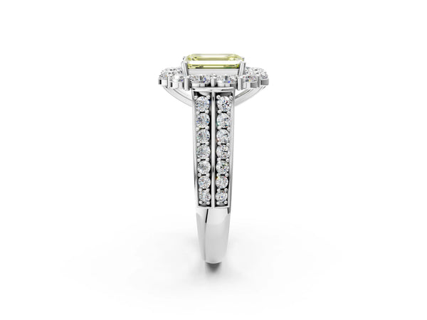 White gold Fancy Yellow Emerald  Halo Diamond Engagement Ring with Split Shank and Prong Setting