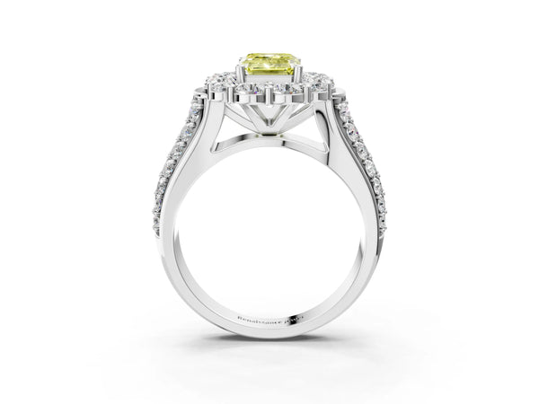 White gold Fancy Yellow Emerald  Halo Diamond Engagement Ring with Split Shank and Prong Setting