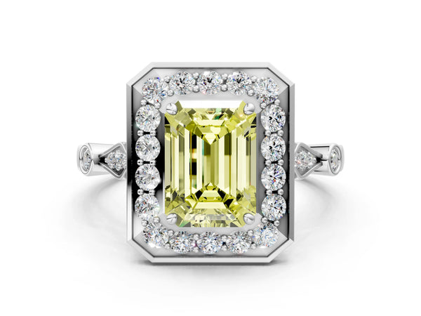 White gold Fancy Yellow Emerald  Halo Diamond Engagement Ring with Twisted Band and Four-Prong Setting
