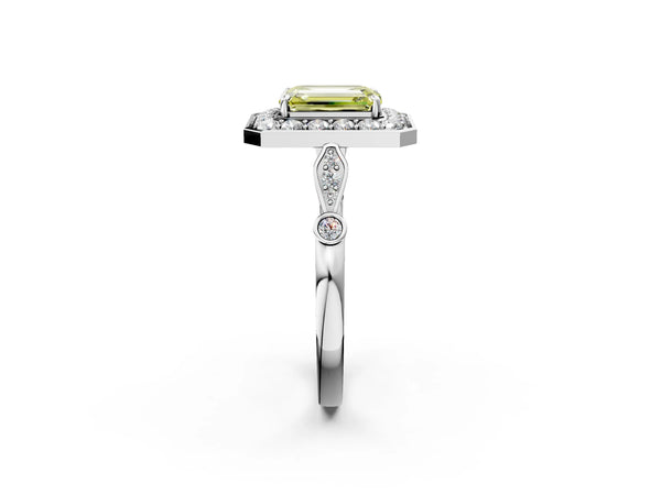 White gold Fancy Yellow Emerald  Halo Diamond Engagement Ring with Twisted Band and Four-Prong Setting