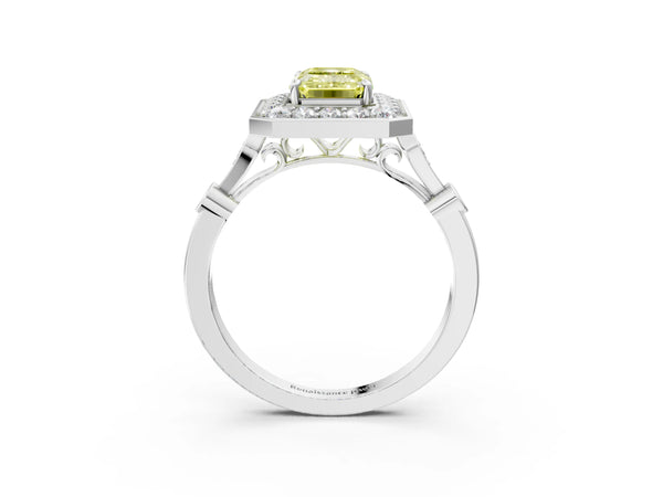 White gold Fancy Yellow Emerald  Halo Diamond Engagement Ring with Twisted Band and Four-Prong Setting