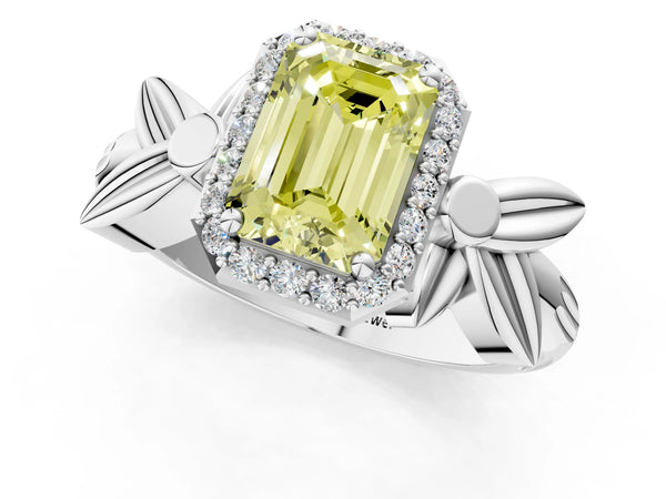 Platinum Fancy Yellow Emerald  Halo Diamond Floral Band with Four-Prong Setting
