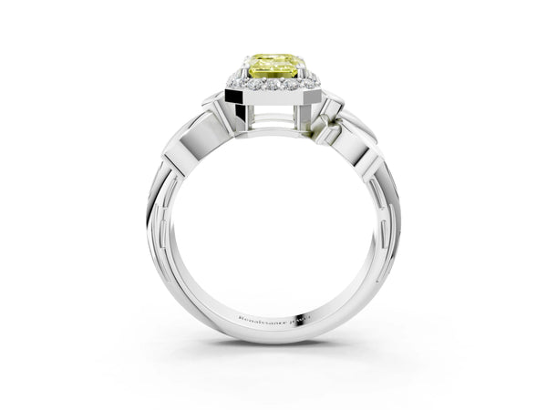 Platinum Fancy Yellow Emerald  Halo Diamond Floral Band with Four-Prong Setting