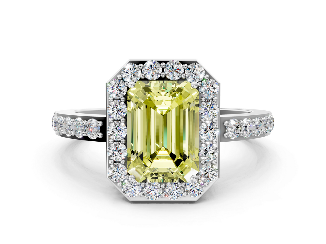 White gold Fancy Yellow Emerald  Halo Diamond Pavé Band Ring with Prong Setting_20