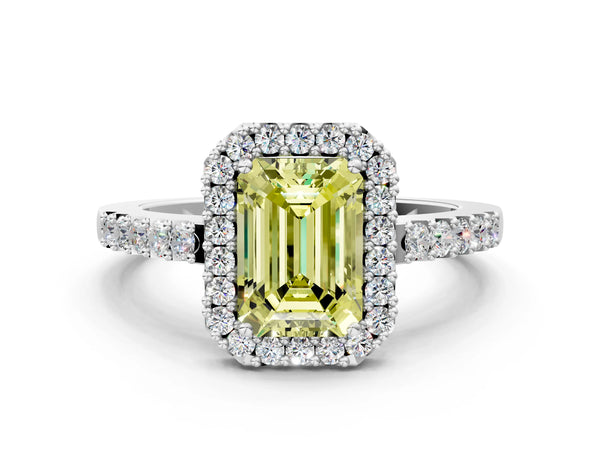 White gold Fancy Yellow Emerald  Halo Diamond Pavé Solitaire Ring