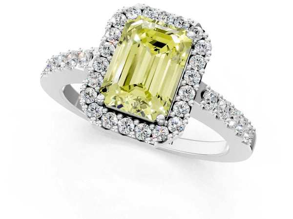 White gold Fancy Yellow Emerald  Halo Diamond Pavé Solitaire Ring