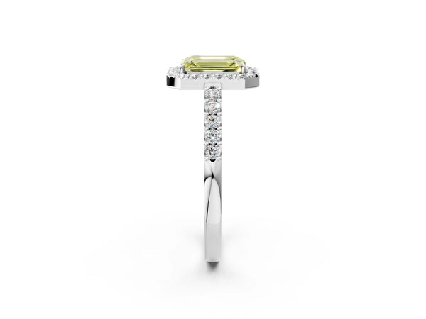 White gold Fancy Yellow Emerald  Halo Diamond Pavé Solitaire Ring