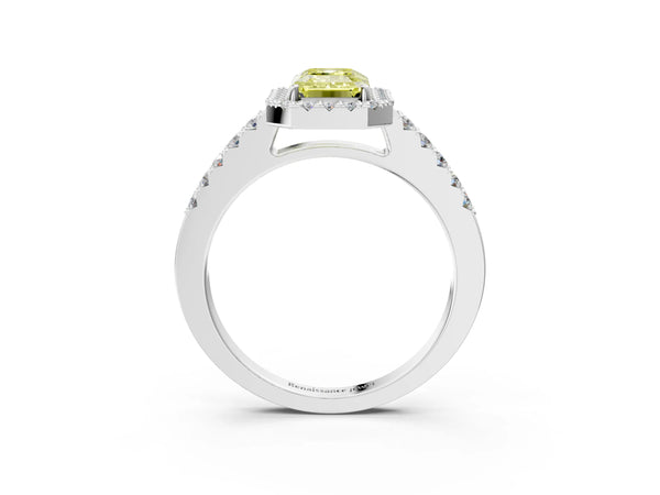 White gold Fancy Yellow Emerald  Halo Diamond Pavé Solitaire Ring